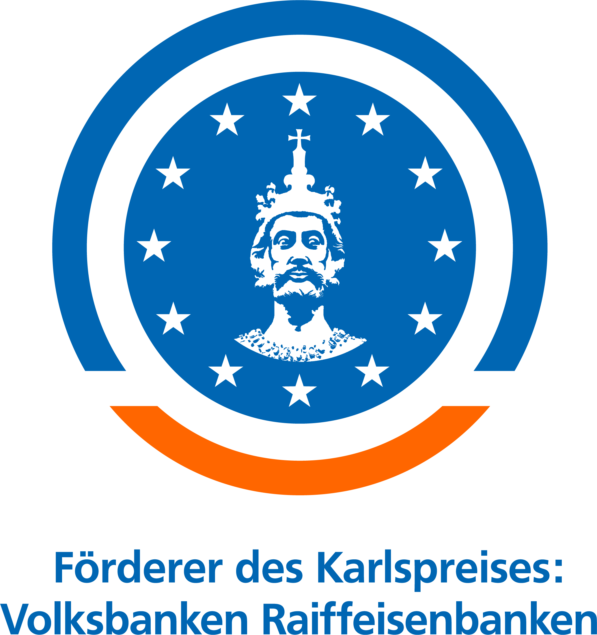 Logo des Internationalen Karlspreises mit der Bild-Unterschrift: Förderer des Karlspreises: Volksbanken Raiffeisenbanken